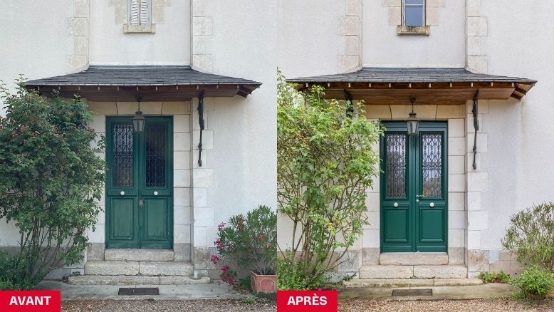 porte d'entrée double vantaux en bois avec grille sur mesure